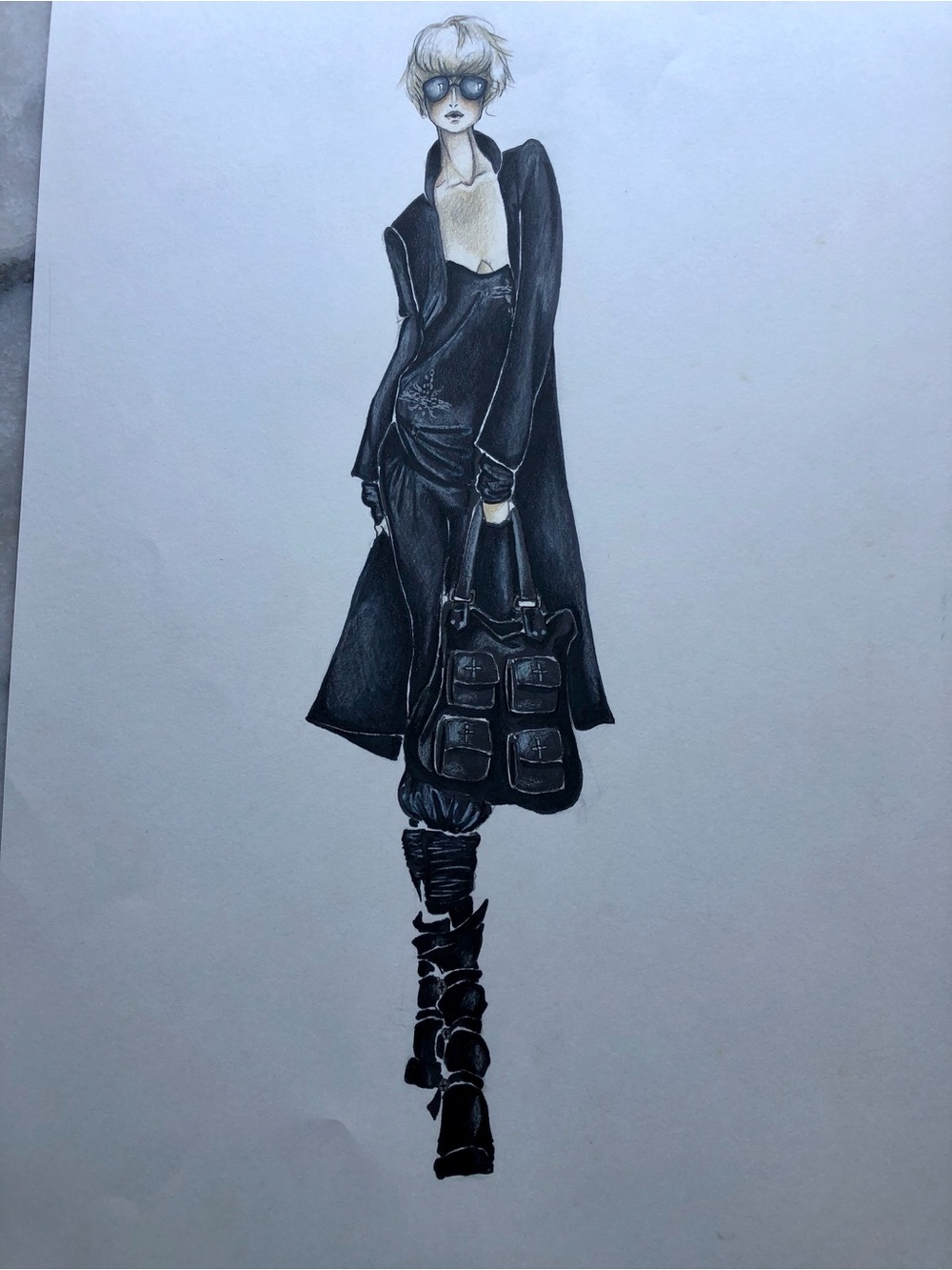 Original Fashion Illustration of Model in Black Coat and Boots